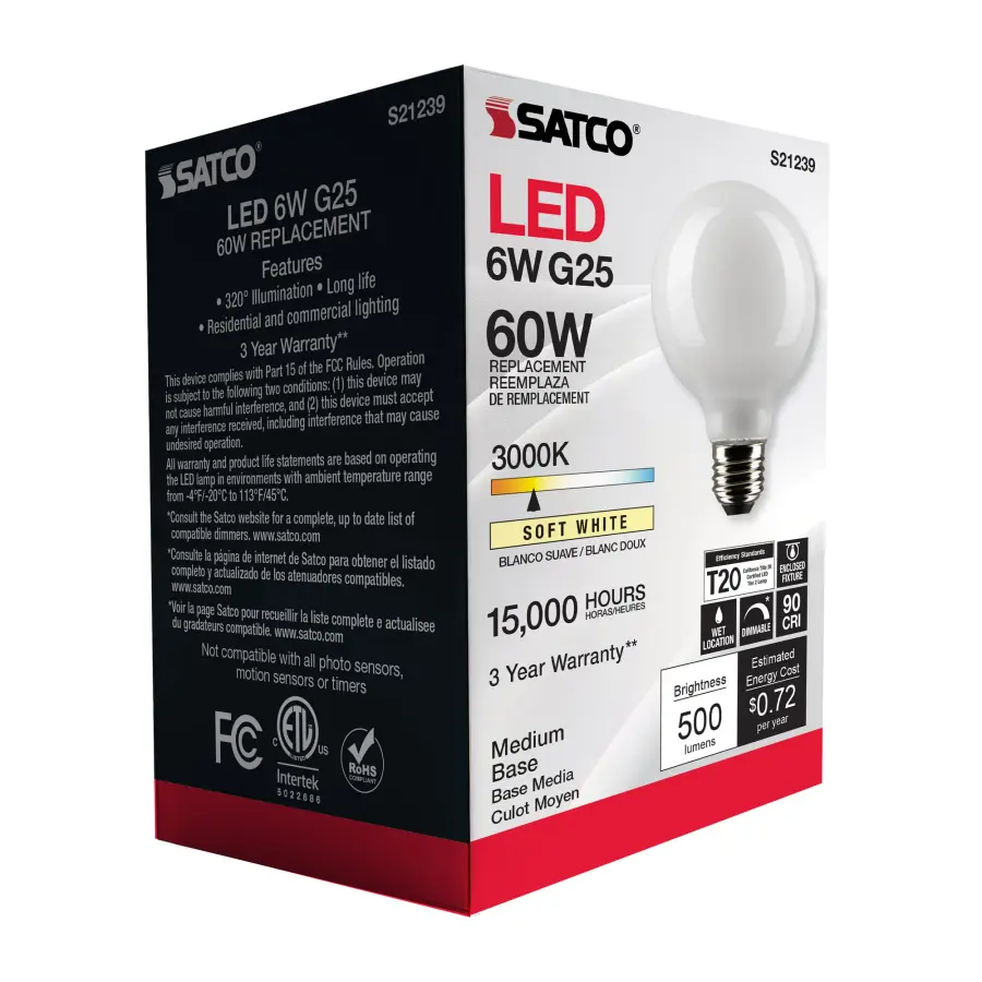 6 Watt G25 LED Filament - White - Medium base - 90 CRI - 3000K - 120 Volt - Image 8