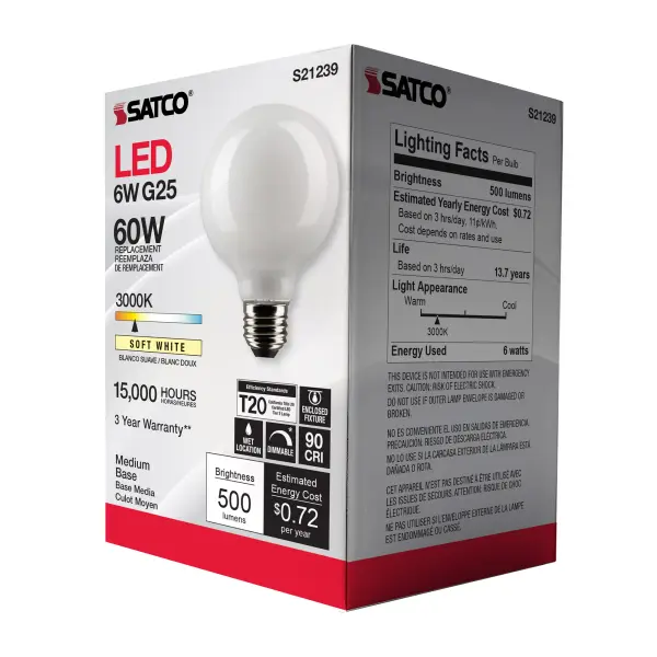 6 Watt G25 LED Filament - White - Medium base - 90 CRI - 3000K - 120 Volt - Image 9