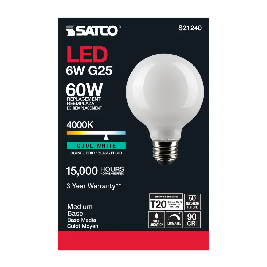 6 Watt G25 LED Filament - White - Medium base - 90 CRI - 4000K - 120 Volt - Image 5