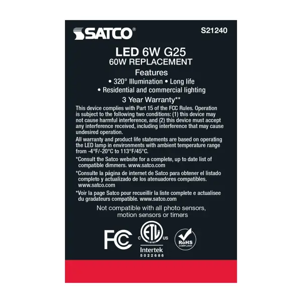 6 Watt G25 LED Filament - White - Medium base - 90 CRI - 4000K - 120 Volt - Image 7