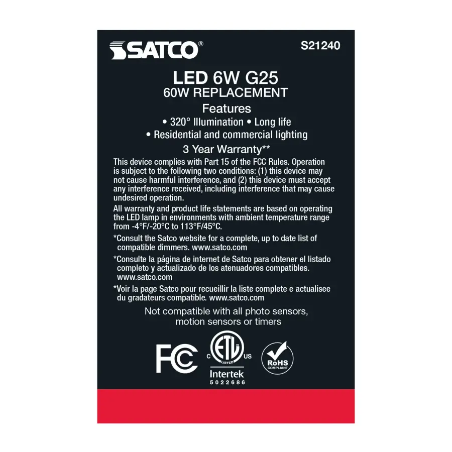 6 Watt G25 LED Filament - White - Medium base - 90 CRI - 4000K - 120 Volt - Image 7