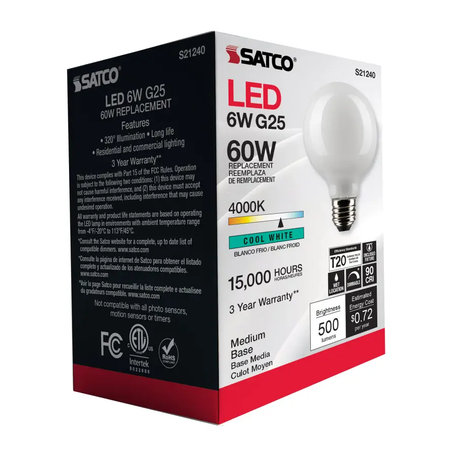6 Watt G25 LED Filament - White - Medium base - 90 CRI - 4000K - 120 Volt - Image 8