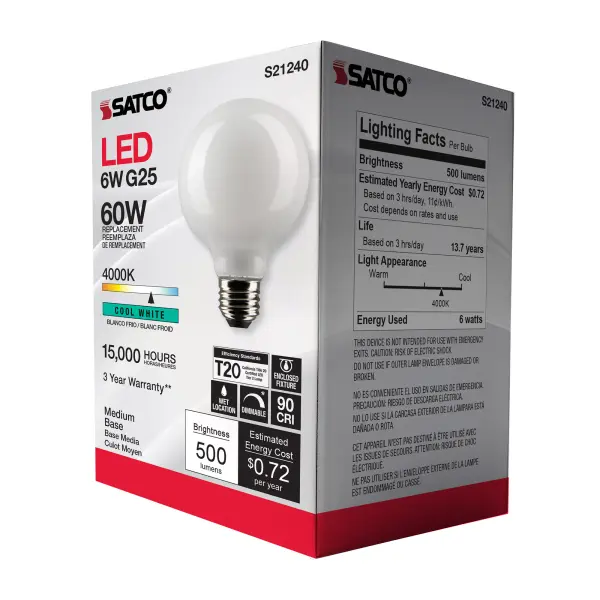 6 Watt G25 LED Filament - White - Medium base - 90 CRI - 4000K - 120 Volt - Image 9