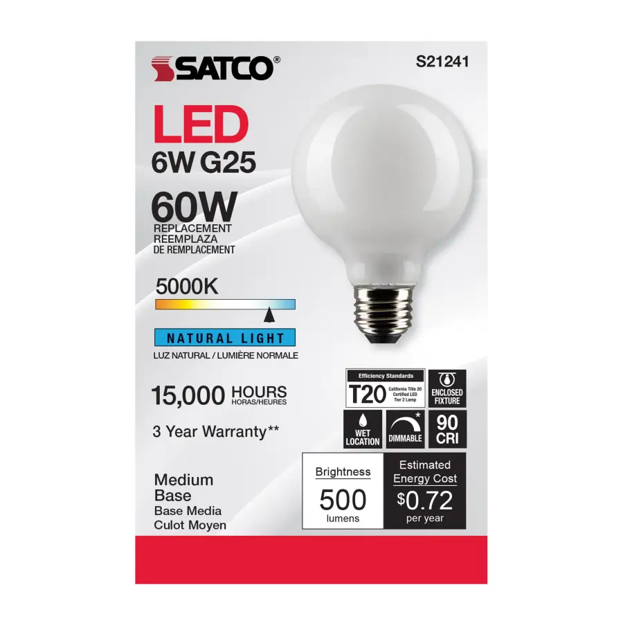6 Watt G25 LED Filament - White - Medium base - 90 CRI - 5000K - 120 Volt - Image 4
