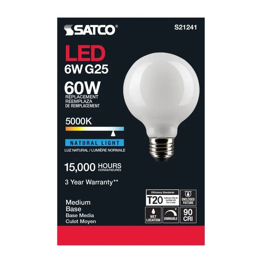 6 Watt G25 LED Filament - White - Medium base - 90 CRI - 5000K - 120 Volt - Image 5