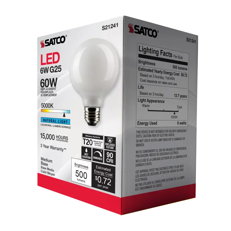 6 Watt G25 LED Filament - White - Medium base - 90 CRI - 5000K - 120 Volt - Image 9