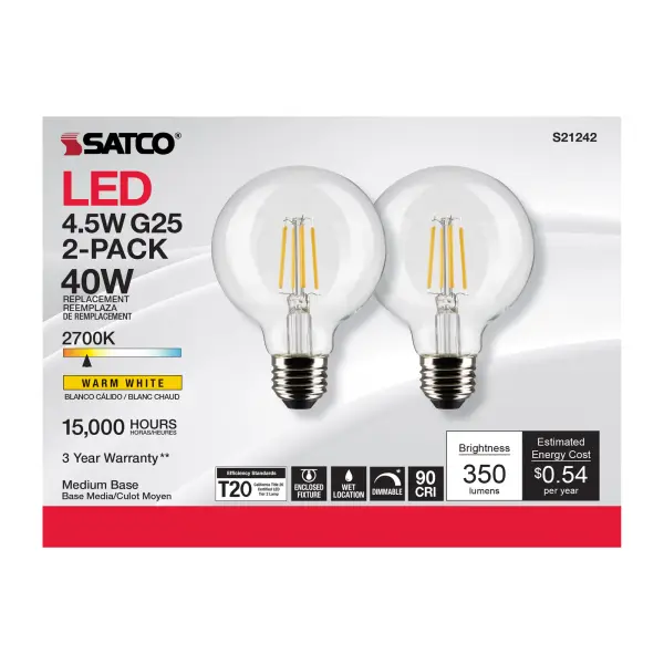 4.5 Watt G25 LED Filament - Clear - Medium base - 90 CRI - 2700K - 120 Volt - 2 Pack - Image 5