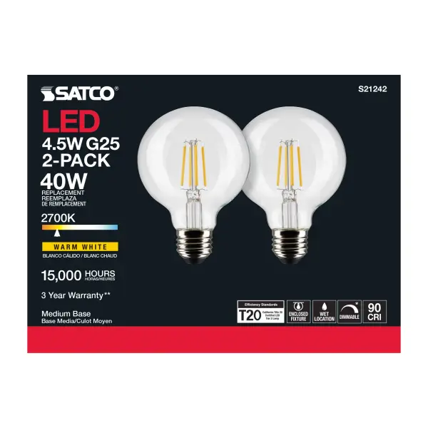 4.5 Watt G25 LED Filament - Clear - Medium base - 90 CRI - 2700K - 120 Volt - 2 Pack - Image 6