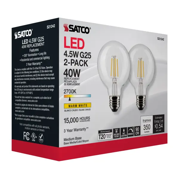 4.5 Watt G25 LED Filament - Clear - Medium base - 90 CRI - 2700K - 120 Volt - 2 Pack - Image 10