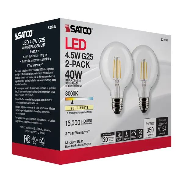 4.5 Watt G25 LED Filament - Clear - Medium base - 90 CRI - 3000K - 120 Volt - 2 Pack - Image 11
