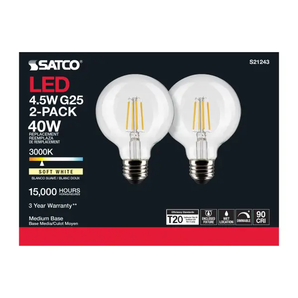 4.5 Watt G25 LED Filament - Clear - Medium base - 90 CRI - 3000K - 120 Volt - 2 Pack - Image 7