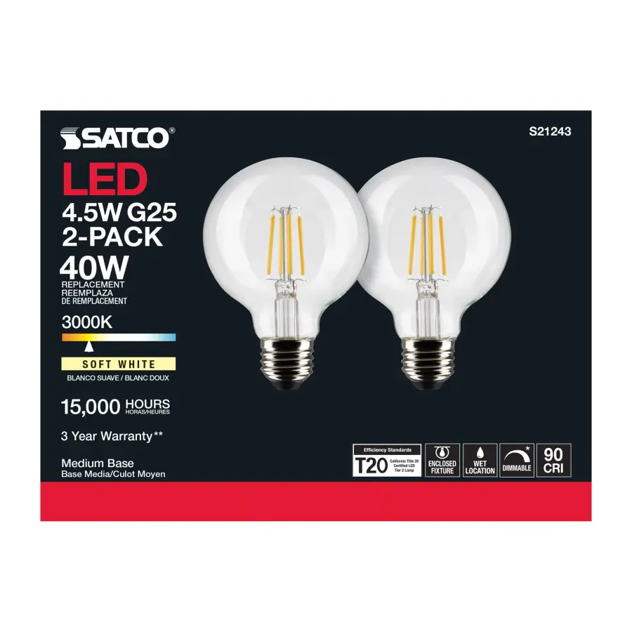 4.5 Watt G25 LED Filament - Clear - Medium base - 90 CRI - 3000K - 120 Volt - 2 Pack - Image 7