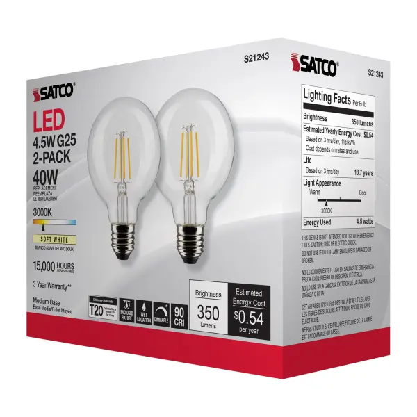 4.5 Watt G25 LED Filament - Clear - Medium base - 90 CRI - 3000K - 120 Volt - 2 Pack - Image 10