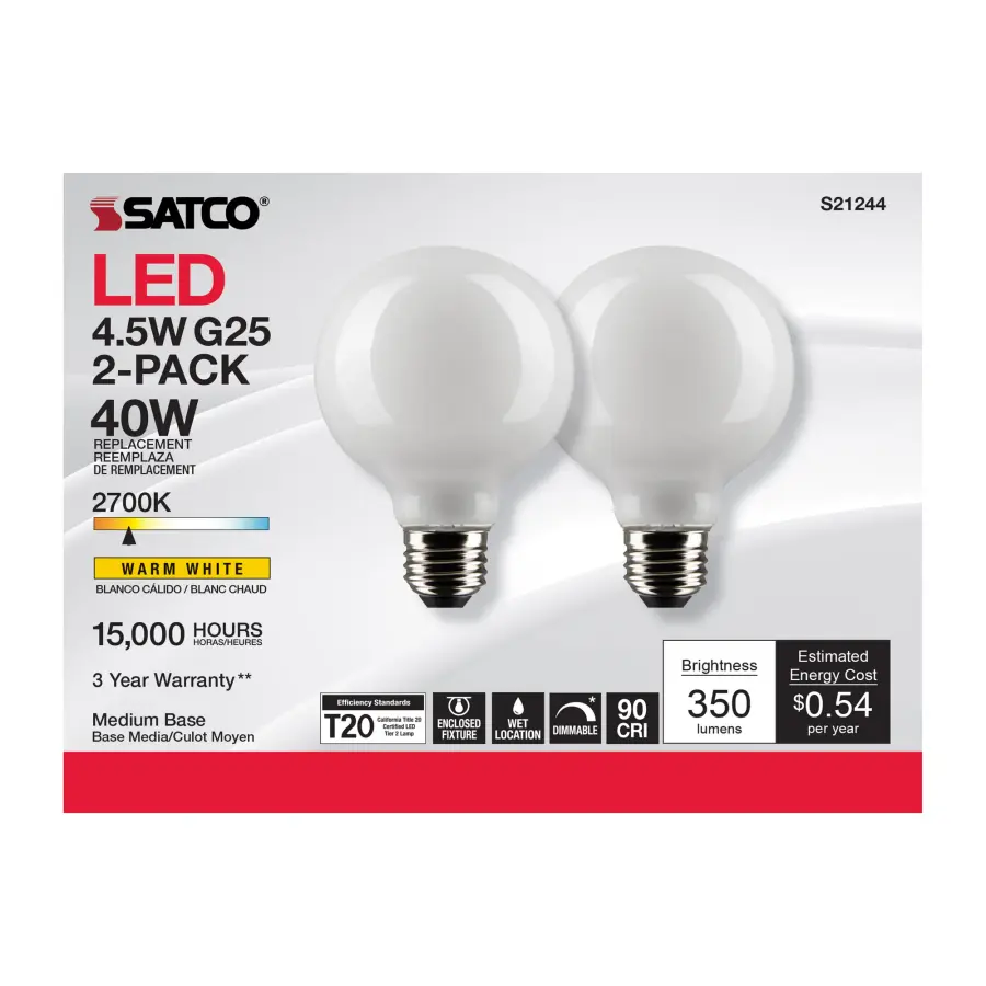 4.5 Watt G25 LED Filament - White - Medium base - 90 CRI - 2700K - 120 Volt - 2 Pack - Image 5
