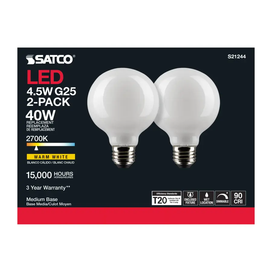 4.5 Watt G25 LED Filament - White - Medium base - 90 CRI - 2700K - 120 Volt - 2 Pack - Image 6