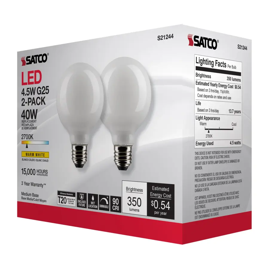 4.5 Watt G25 LED Filament - White - Medium base - 90 CRI - 2700K - 120 Volt - 2 Pack - Image 9