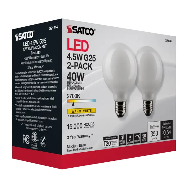 4.5 Watt G25 LED Filament - White - Medium base - 90 CRI - 2700K - 120 Volt - 2 Pack - Image 10