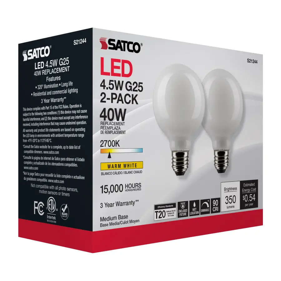 4.5 Watt G25 LED Filament - White - Medium base - 90 CRI - 2700K - 120 Volt - 2 Pack - Image 10