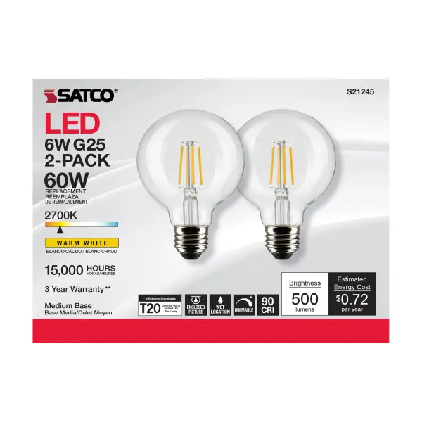 6 Watt G25 LED Filament - Clear - Medium base - 90 CRI - 2700K - 120 Volt - 2 Pack - Image 5