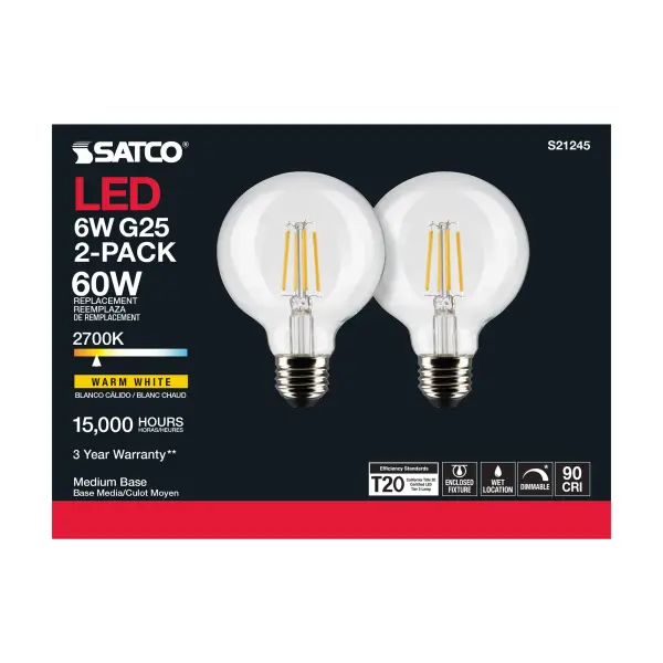 6 Watt G25 LED Filament - Clear - Medium base - 90 CRI - 2700K - 120 Volt - 2 Pack - Image 6