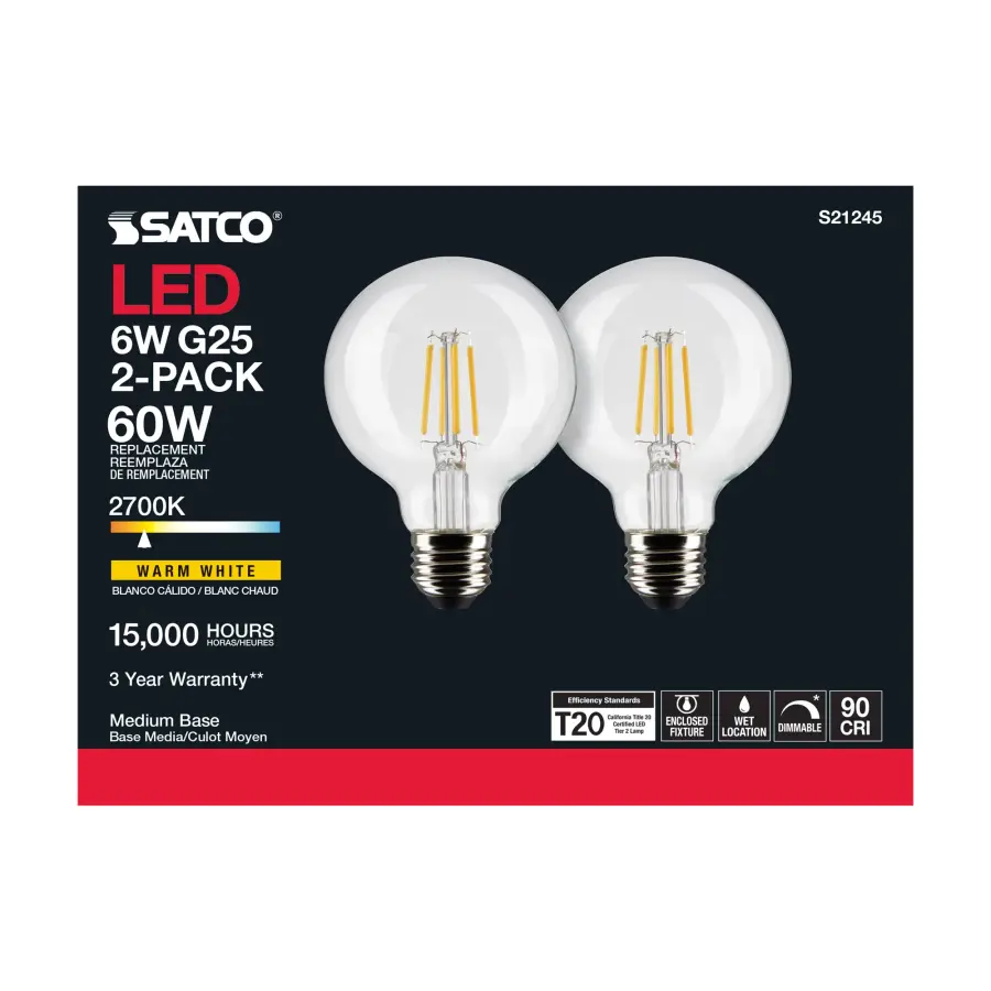 6 Watt G25 LED Filament - Clear - Medium base - 90 CRI - 2700K - 120 Volt - 2 Pack - Image 6