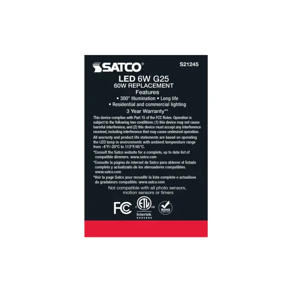 6 Watt G25 LED Filament - Clear - Medium base - 90 CRI - 2700K - 120 Volt - 2 Pack - Image 8