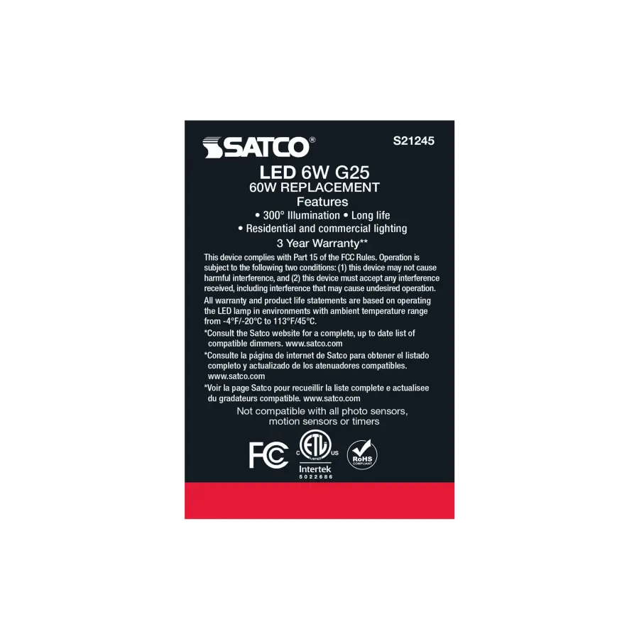 6 Watt G25 LED Filament - Clear - Medium base - 90 CRI - 2700K - 120 Volt - 2 Pack - Image 8