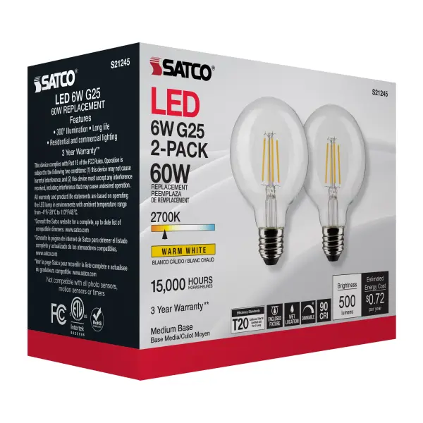 6 Watt G25 LED Filament - Clear - Medium base - 90 CRI - 2700K - 120 Volt - 2 Pack - Image 10