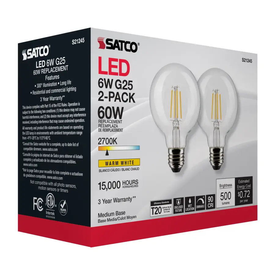 6 Watt G25 LED Filament - Clear - Medium base - 90 CRI - 2700K - 120 Volt - 2 Pack - Image 10