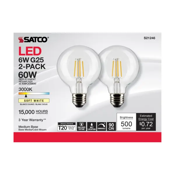 6 Watt G25 LED Filament - Clear - Medium base - 90 CRI - 3000K - 120 Volt - 2 Pack - Image 5
