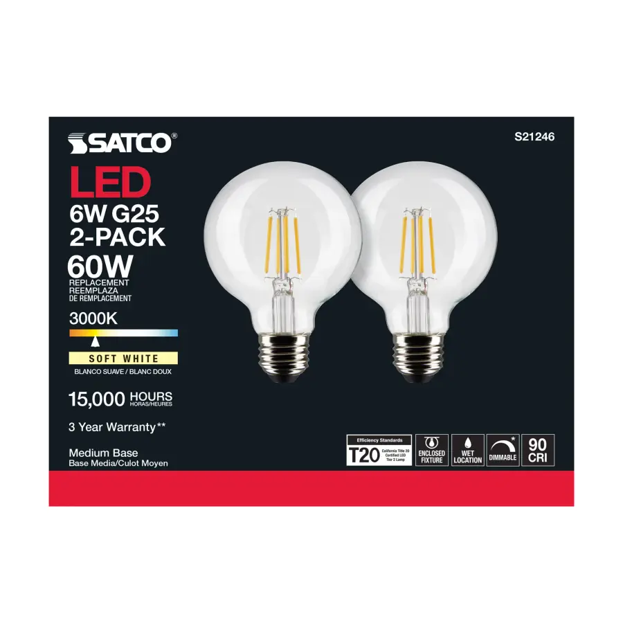 6 Watt G25 LED Filament - Clear - Medium base - 90 CRI - 3000K - 120 Volt - 2 Pack - Image 6
