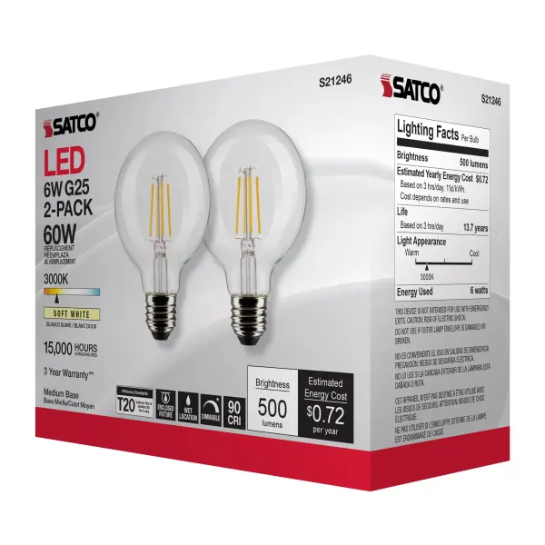 6 Watt G25 LED Filament - Clear - Medium base - 90 CRI - 3000K - 120 Volt - 2 Pack - Image 9