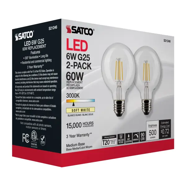 6 Watt G25 LED Filament - Clear - Medium base - 90 CRI - 3000K - 120 Volt - 2 Pack - Image 10