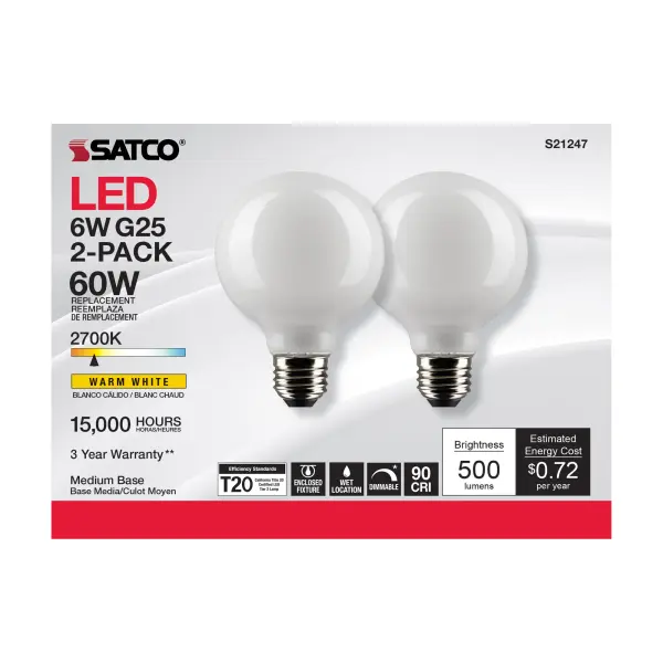 6 Watt G25 LED Filament - White - Medium base - 90 CRI - 2700K - 120 Volt - 2 Pack - Image 4
