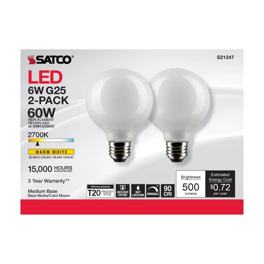 6 Watt G25 LED Filament - White - Medium base - 90 CRI - 2700K - 120 Volt - 2 Pack - Image 4