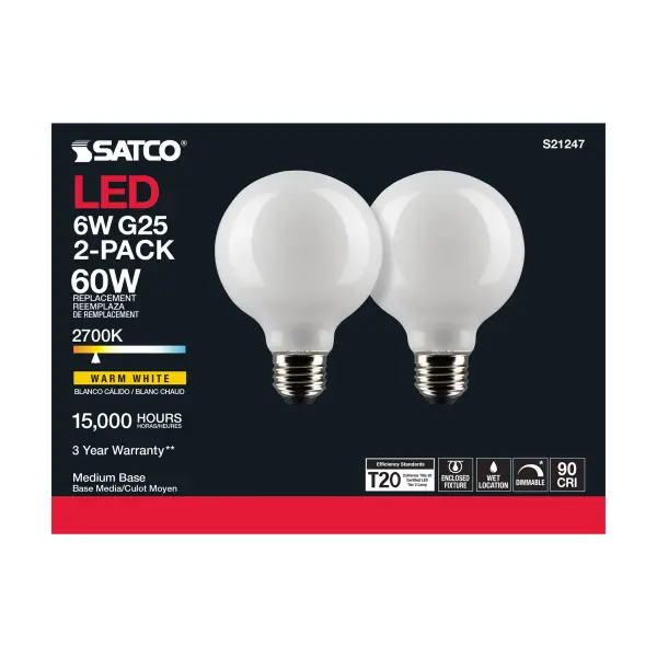 6 Watt G25 LED Filament - White - Medium base - 90 CRI - 2700K - 120 Volt - 2 Pack - Image 5