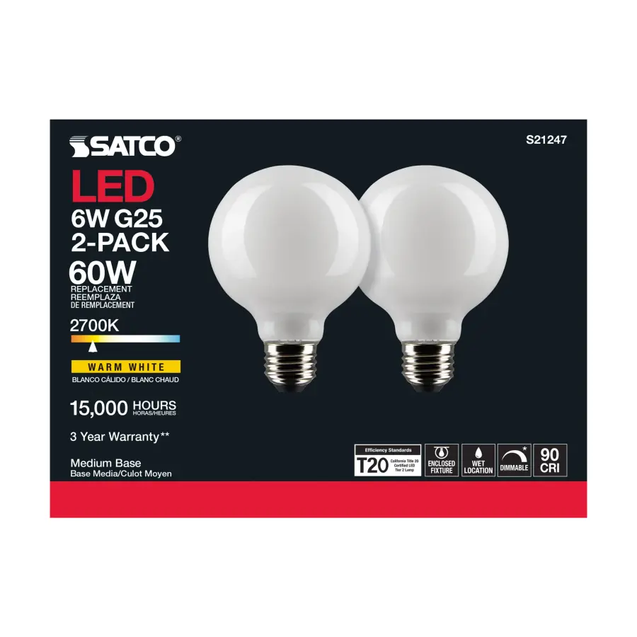 6 Watt G25 LED Filament - White - Medium base - 90 CRI - 2700K - 120 Volt - 2 Pack - Image 5