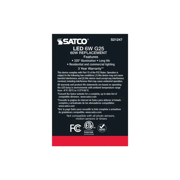 6 Watt G25 LED Filament - White - Medium base - 90 CRI - 2700K - 120 Volt - 2 Pack - Image 7