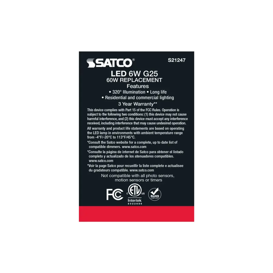 6 Watt G25 LED Filament - White - Medium base - 90 CRI - 2700K - 120 Volt - 2 Pack - Image 7