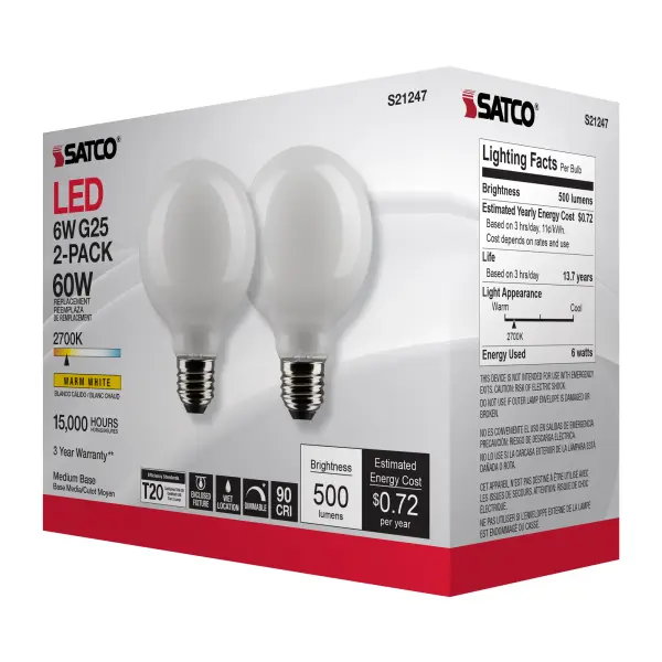 6 Watt G25 LED Filament - White - Medium base - 90 CRI - 2700K - 120 Volt - 2 Pack - Image 8