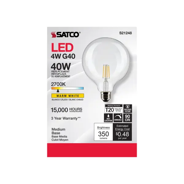 4 Watt G40 LED Filament - Clear - Medium base - 90 CRI - 2700K - 120 Volt - Image 4