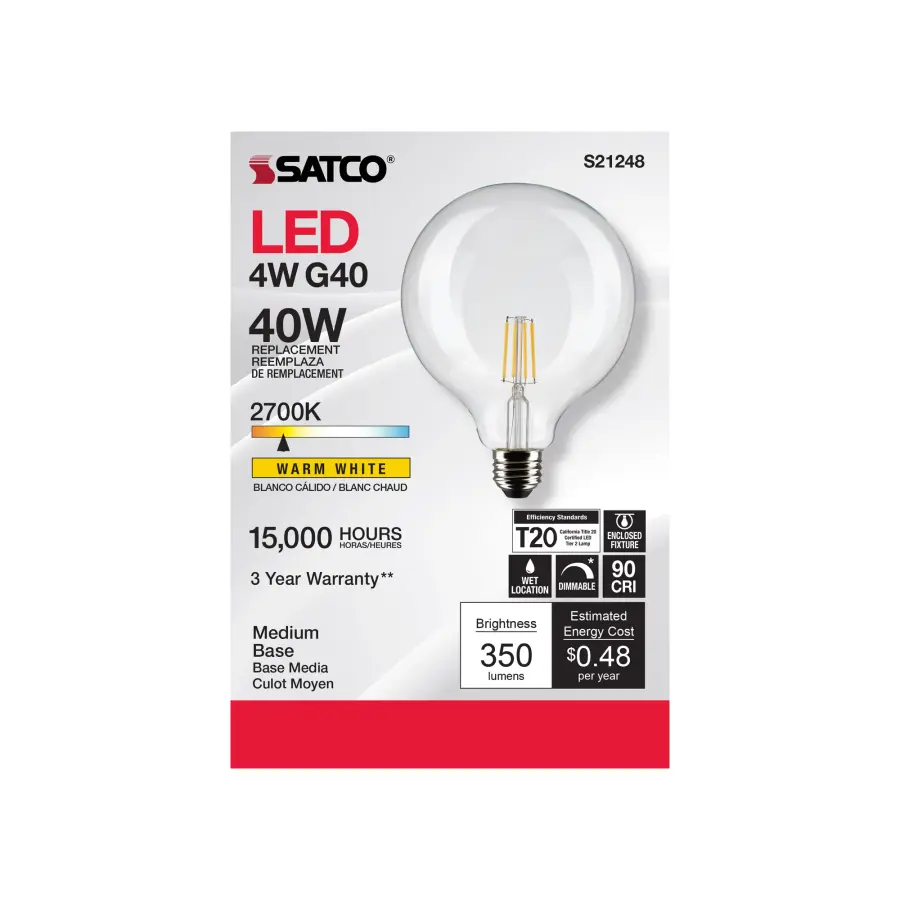 4 Watt G40 LED Filament - Clear - Medium base - 90 CRI - 2700K - 120 Volt - Image 4