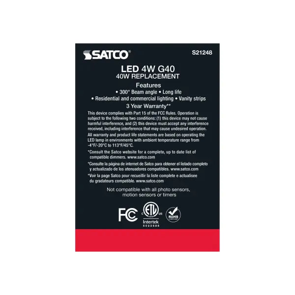 4 Watt G40 LED Filament - Clear - Medium base - 90 CRI - 2700K - 120 Volt - Image 7