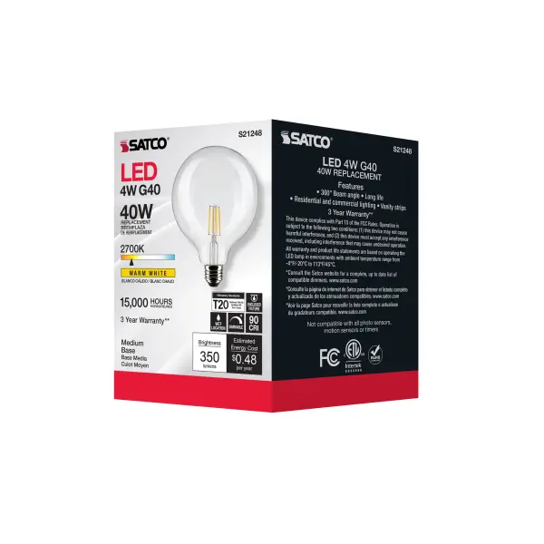 4 Watt G40 LED Filament - Clear - Medium base - 90 CRI - 2700K - 120 Volt - Image 8