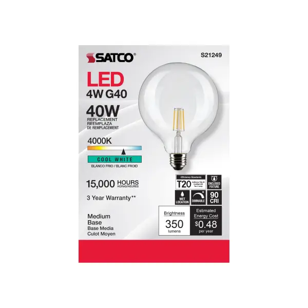 4 Watt G40 LED Filament - Clear - Medium base - 90 CRI - 4000K - 120 Volt - Image 4