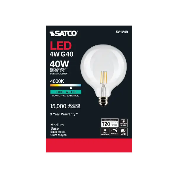 4 Watt G40 LED Filament - Clear - Medium base - 90 CRI - 4000K - 120 Volt - Image 5