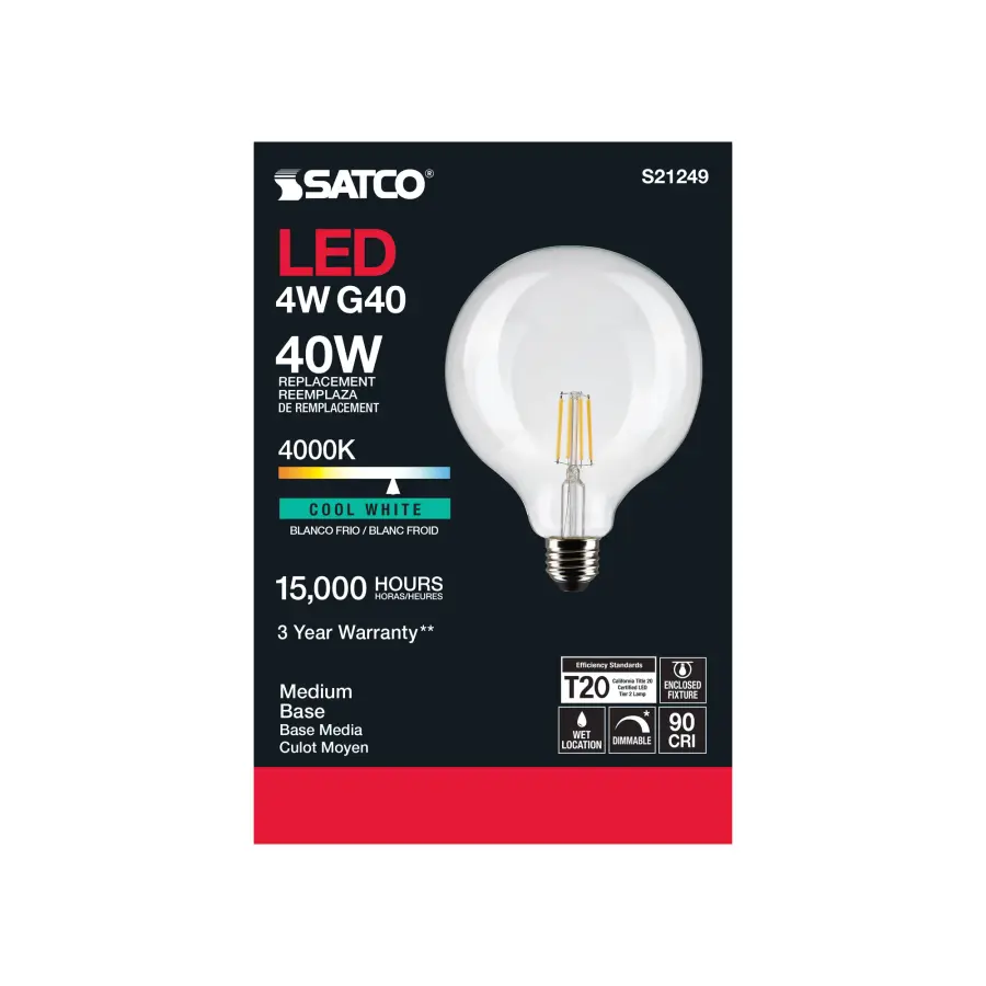 4 Watt G40 LED Filament - Clear - Medium base - 90 CRI - 4000K - 120 Volt - Image 5