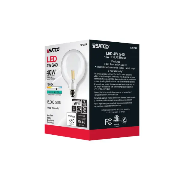 4 Watt G40 LED Filament - Clear - Medium base - 90 CRI - 4000K - 120 Volt - Image 8