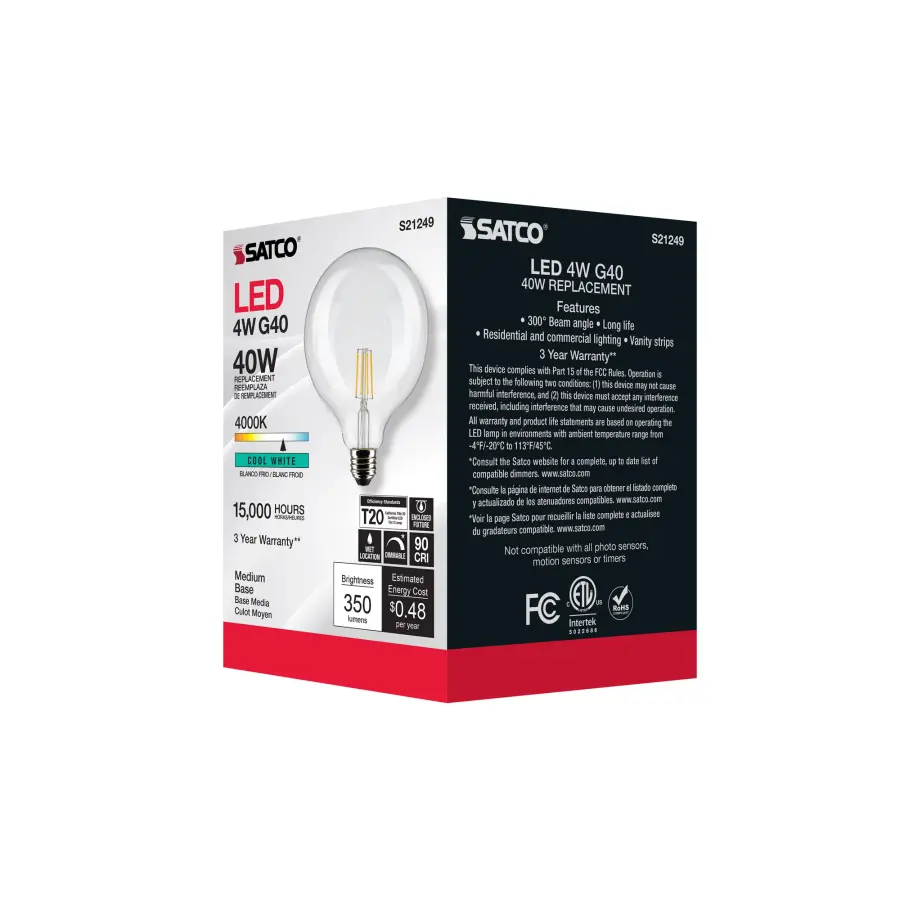 4 Watt G40 LED Filament - Clear - Medium base - 90 CRI - 4000K - 120 Volt - Image 8