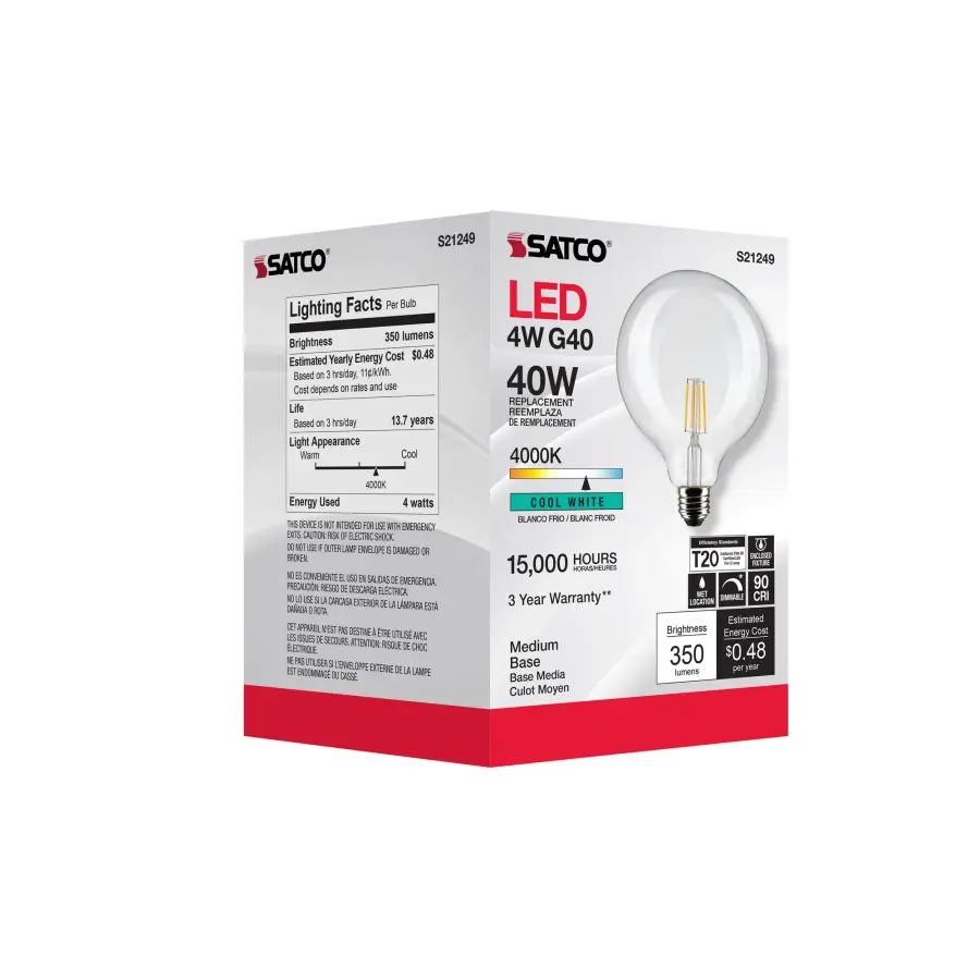 4 Watt G40 LED Filament - Clear - Medium base - 90 CRI - 4000K - 120 Volt - Image 9